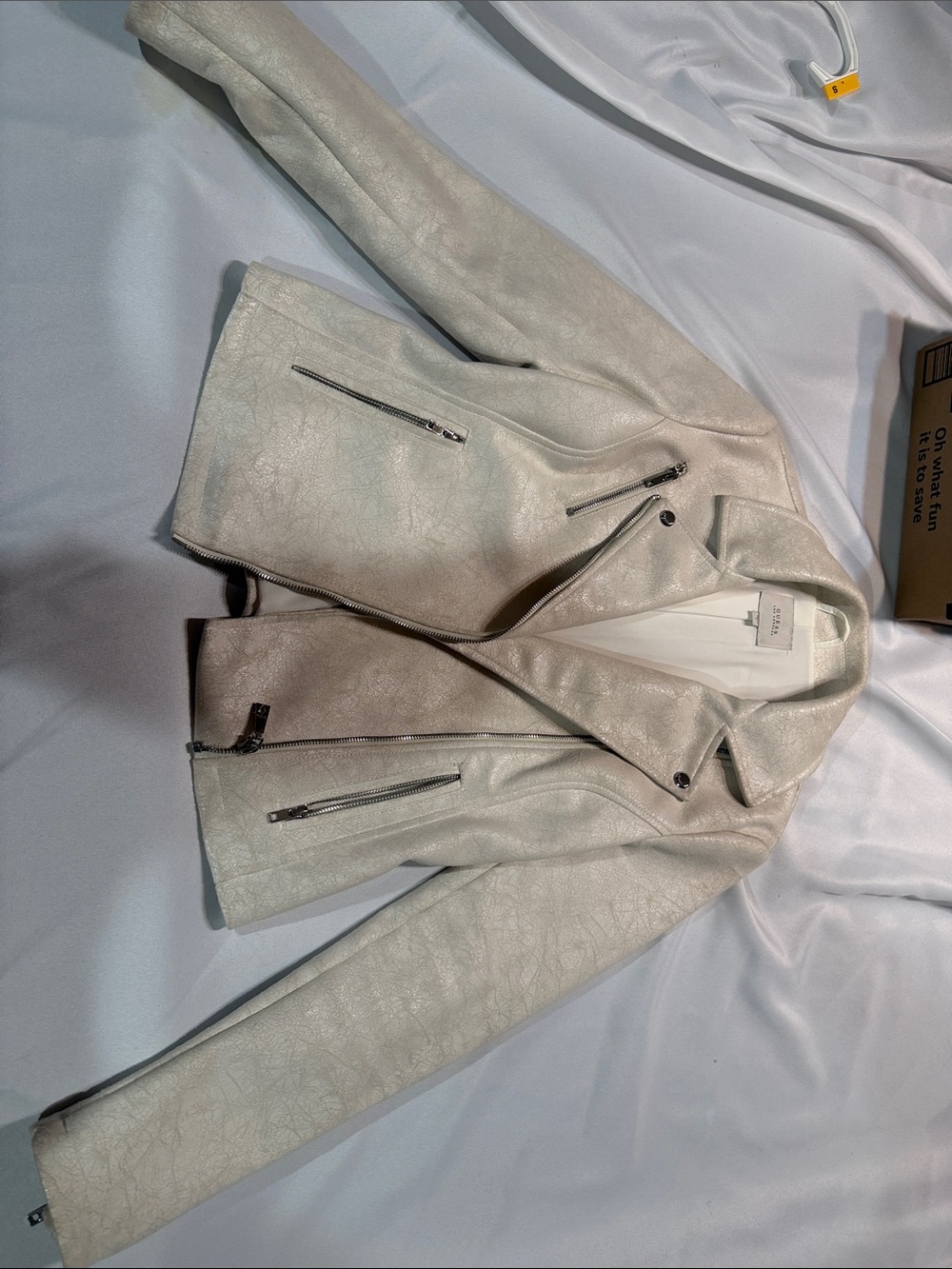 Guess Ivory Faux-Leather Moto Jacket with Silver Hardware